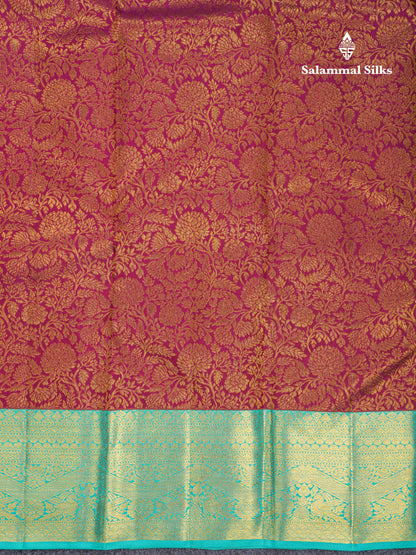 Beautiful Dark Magenta 2G Pure Kanjivaram Silk Saree With Contrast Sapphire Green Traditional Border