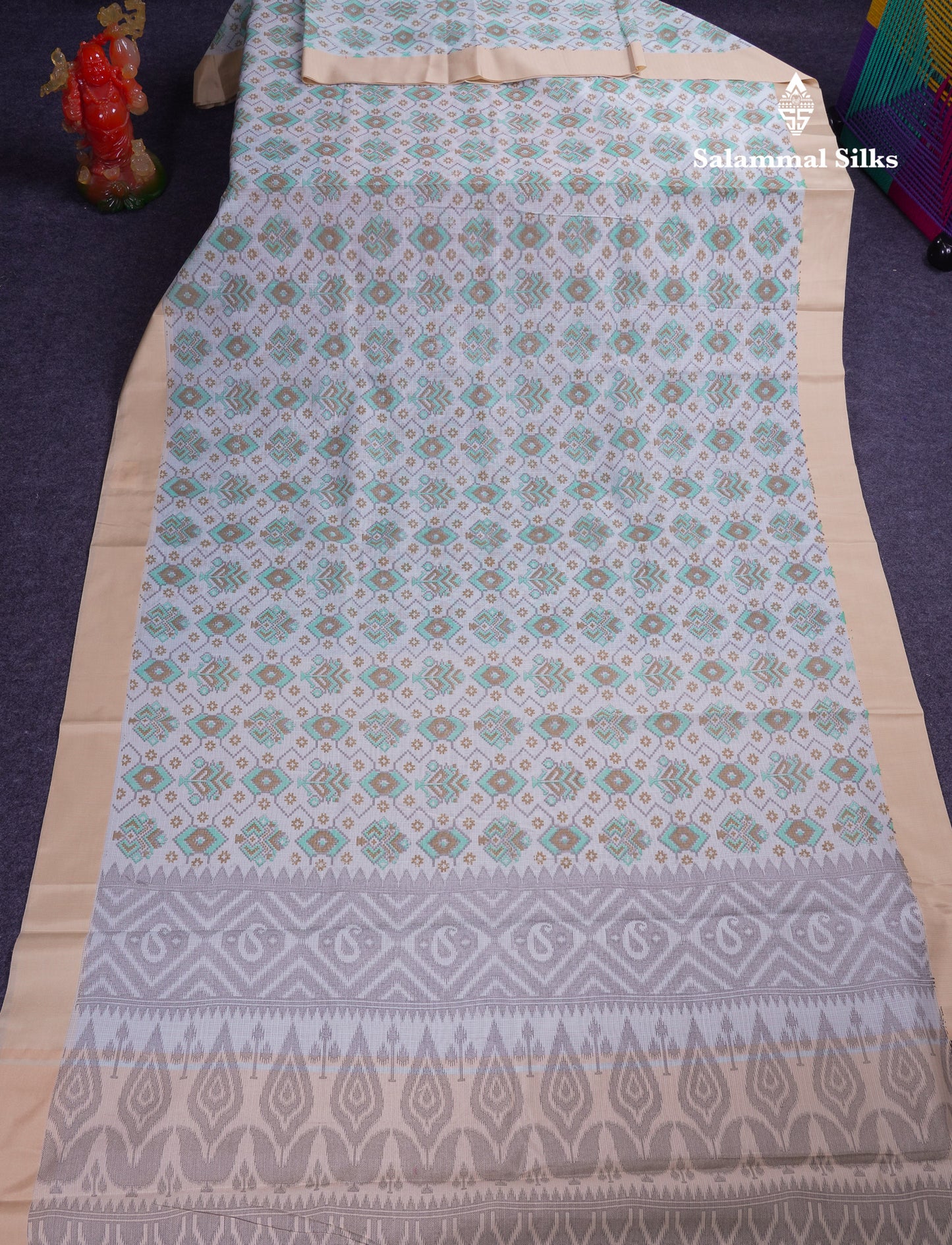 Beautiful Parrot Green Kota Cotton Fancy Saree With Contrast Cream Sandal Border