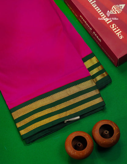 9.5 Yards Semi Silk Saree Magenta Pink with Contrast Bottle Green Traditional Border
