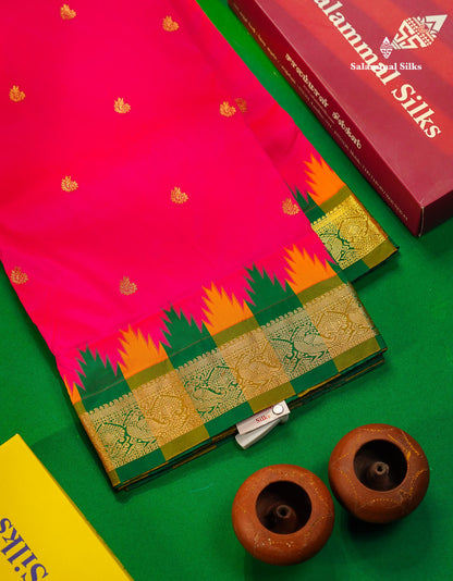 9 Yards Semi Silk Saree Orange With Contrast Green Traditional Temple Border