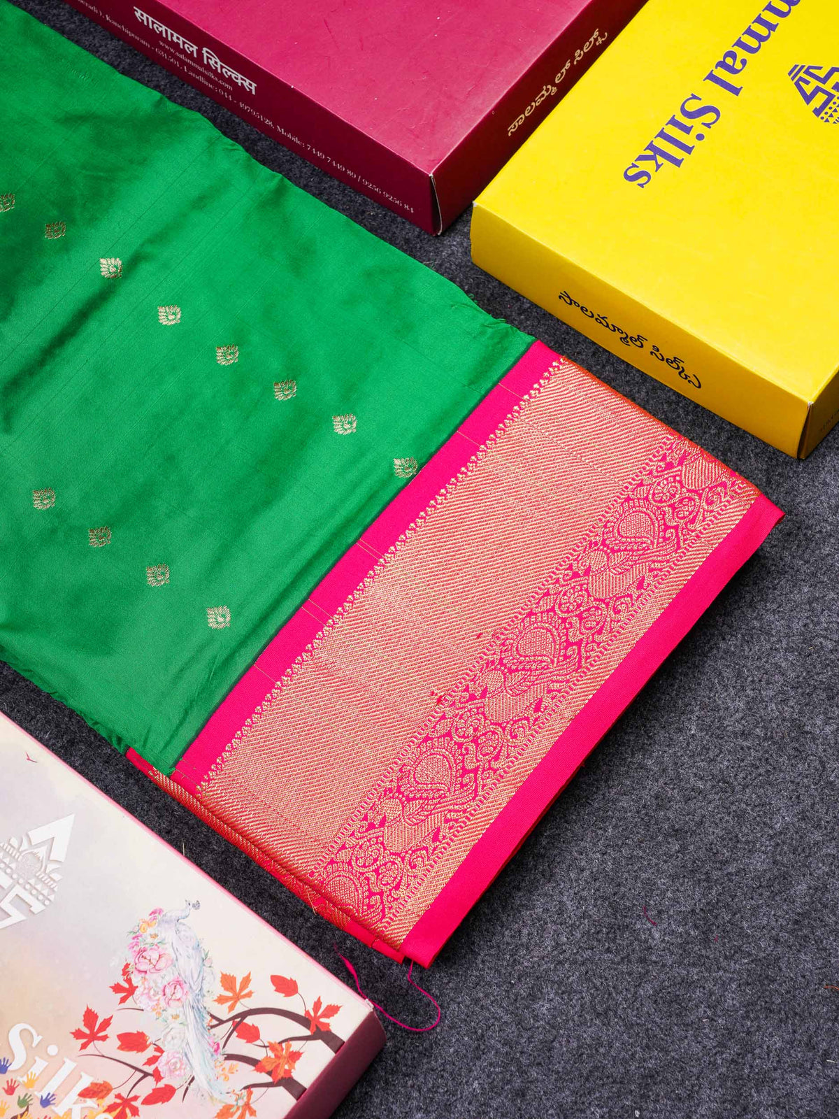 9 Yards Semi Silk Saree Saffire Green With Contrast Pink Traditional Border