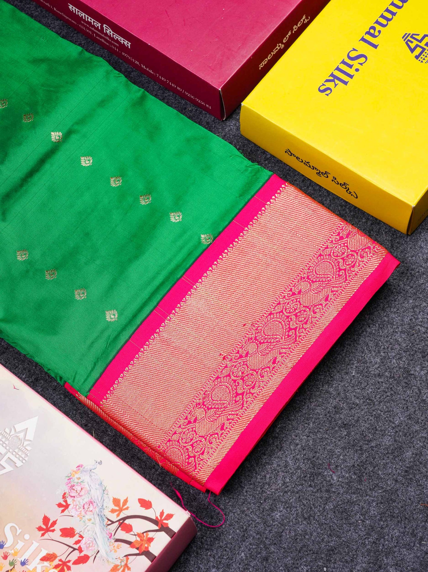 9 Yards Semi Silk Saree Saffire Green With Contrast Pink Traditional Border