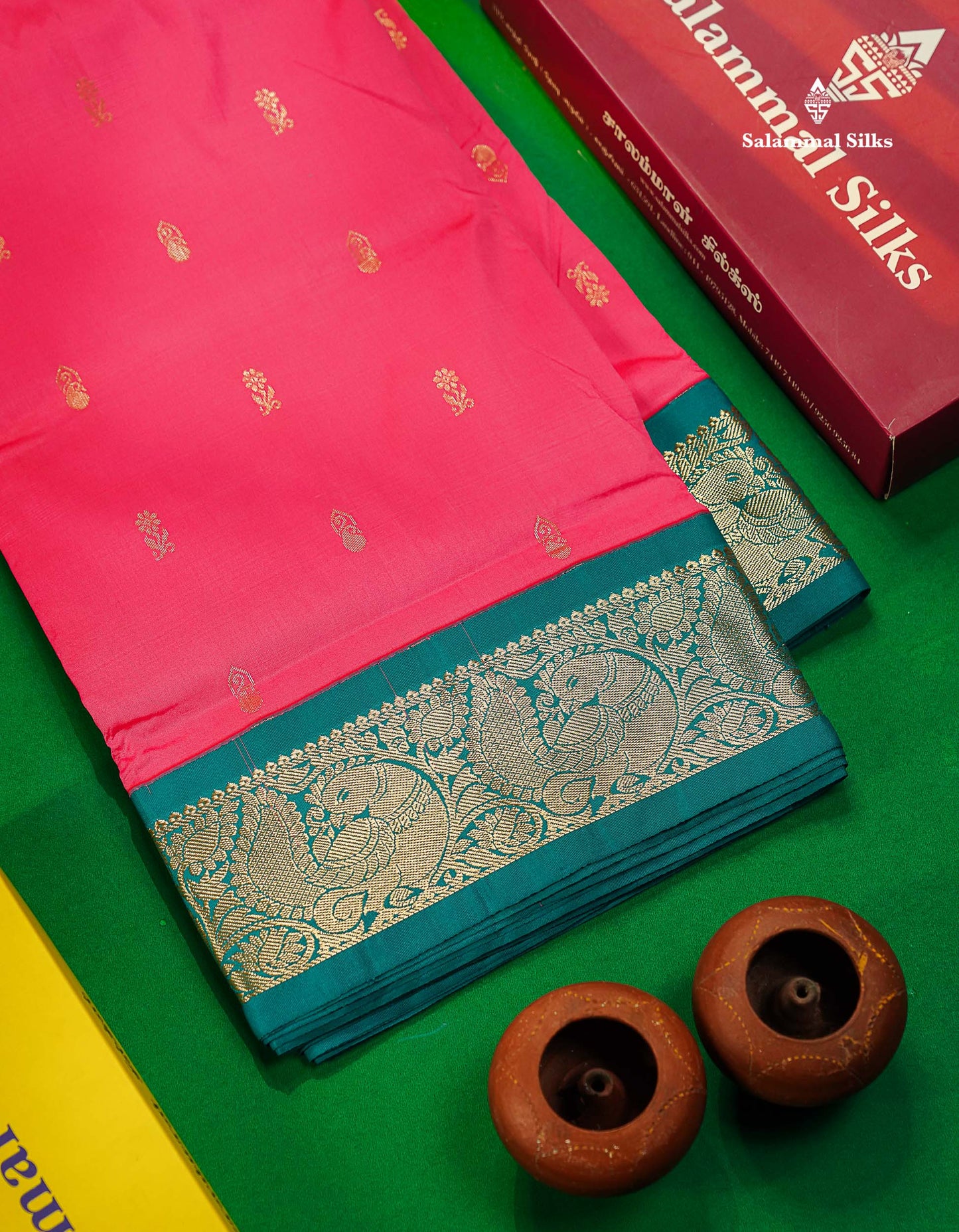 Semi Silk Saree - Pinkish Peach Small Butta With Contrast Dual Tone Ramar Blue Border | 9 Yards