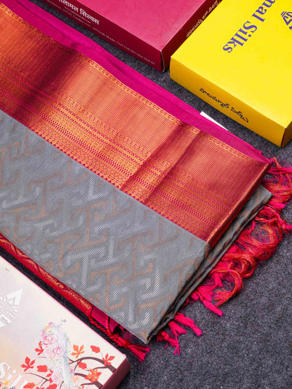 Beautiful Peacock Green Silver & Gold Zari Semi Silk Saree With Contrast Dual Tone Pink Traditional Border