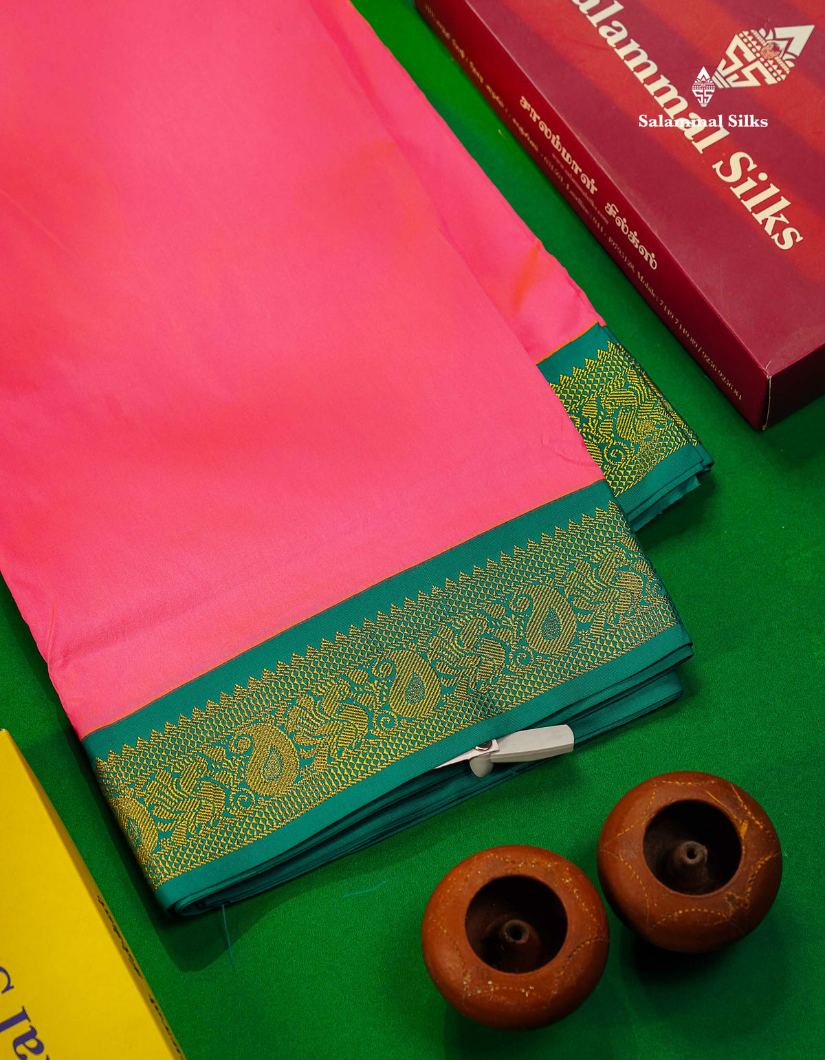 11 Yards Plain Semi Silk Saree Pink with Contrast Peacock Green Traditional Border