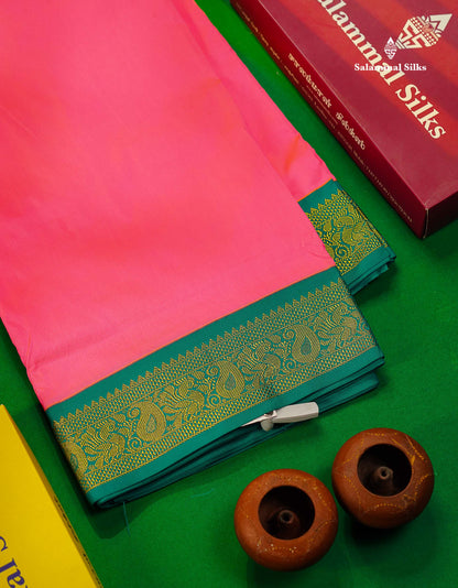 11 Yards Plain Semi Silk Saree Pink with Contrast Peacock Green Traditional Border