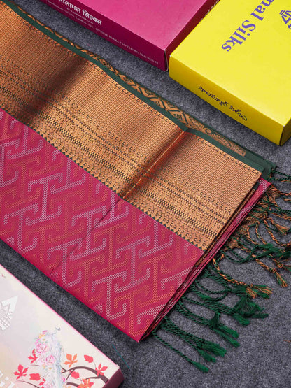 Beautiful Peacock Green Silver & Gold Zari Semi Silk Saree With Contrast Dual Tone Pink Traditional Border
