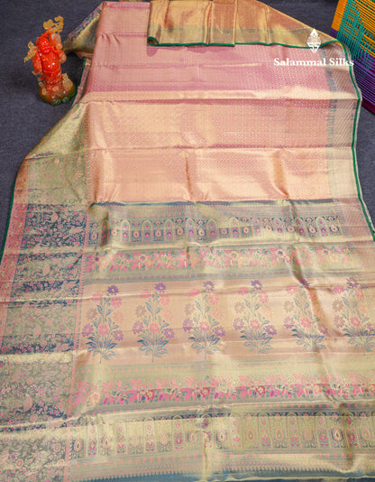 Beautiful Peach Tissue Bridal Pure Kanjivaram Silk Saree With Contrast Light Green Evening Morning Border