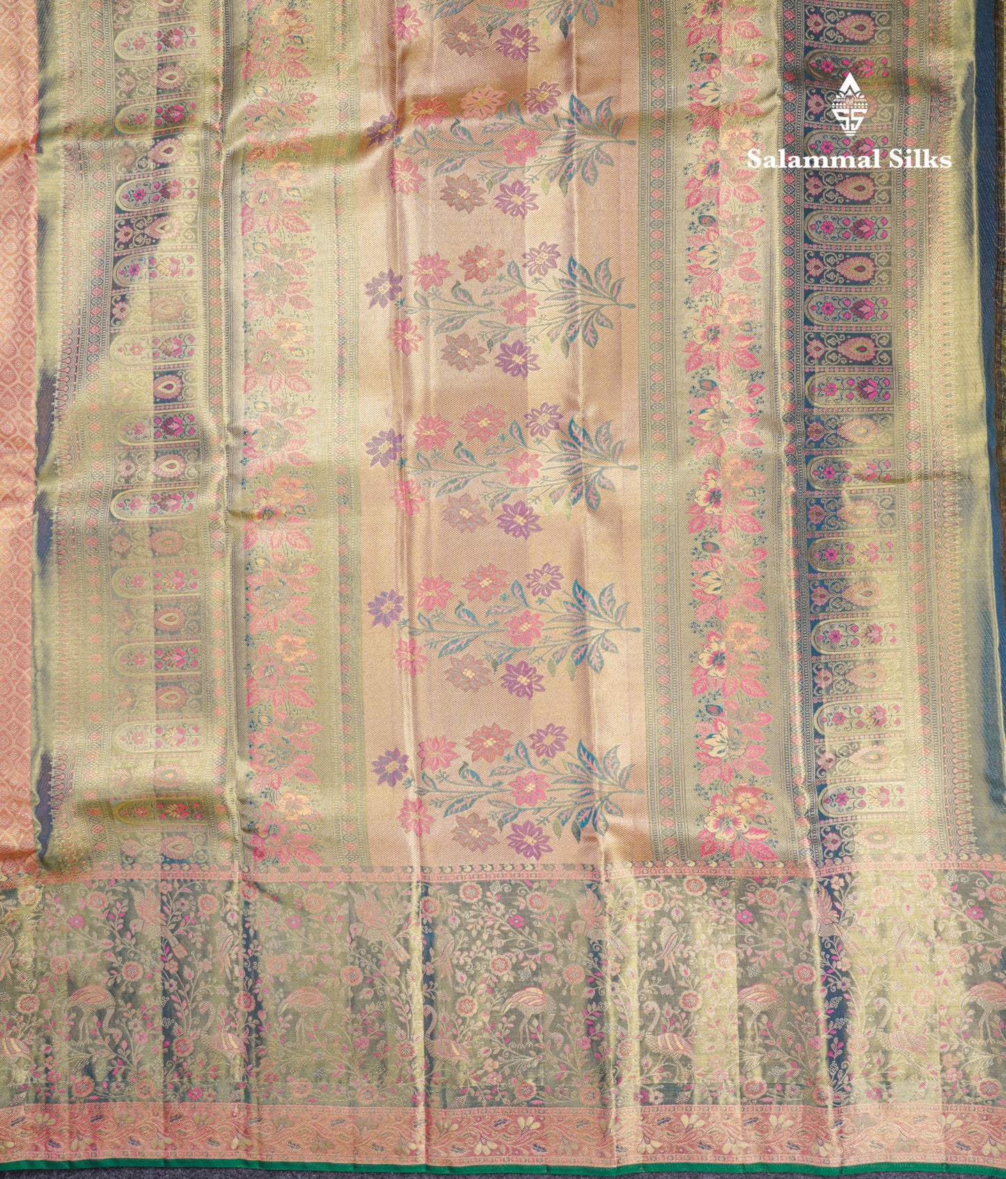 Beautiful Peach Tissue Bridal Pure Kanjivaram Silk Saree With Contrast Light Green Evening Morning Border