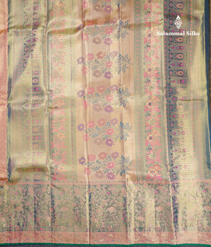 Beautiful Peach Tissue Bridal Pure Kanjivaram Silk Saree With Contrast Light Green Evening Morning Border