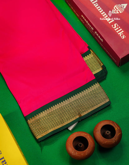 9 Yards Semi Silk Saree Peacock Green With Contrast Pink Traditional Border