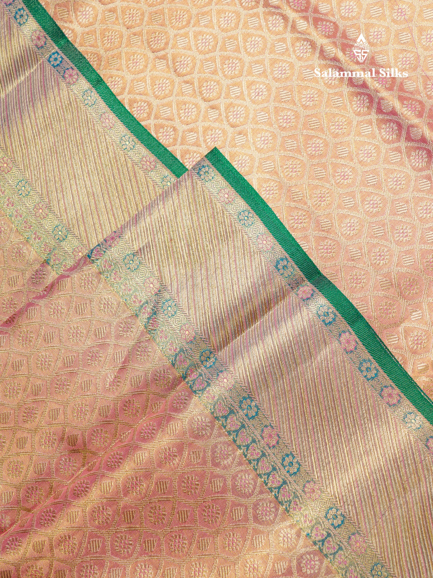 Beautiful Peach Tissue Bridal Pure Kanjivaram Silk Saree With Contrast Light Green Evening Morning Border
