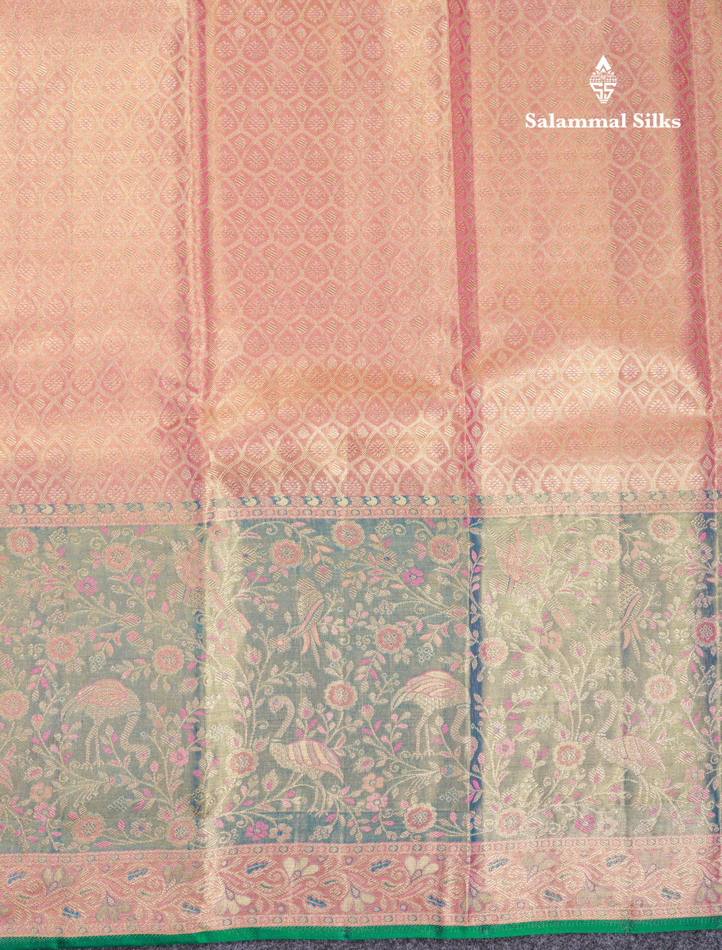 Beautiful Peach Tissue Bridal Pure Kanjivaram Silk Saree With Contrast Light Green Evening Morning Border