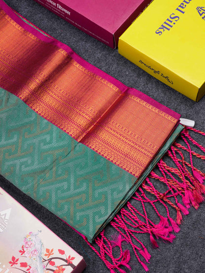 Beautiful Peacock Green Silver & Gold Zari Semi Silk Saree With Contrast Dual Tone Pink Traditional Border