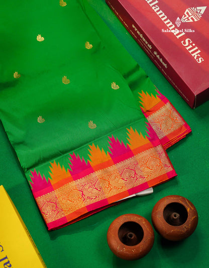 9 Yards Semi Silk Saree Orange With Contrast Green Traditional Temple Border