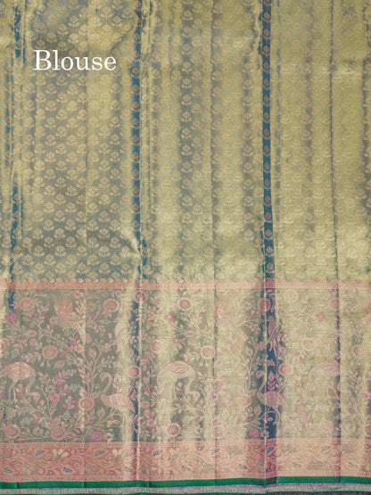Beautiful Peach Tissue Bridal Pure Kanjivaram Silk Saree With Contrast Light Green Evening Morning Border
