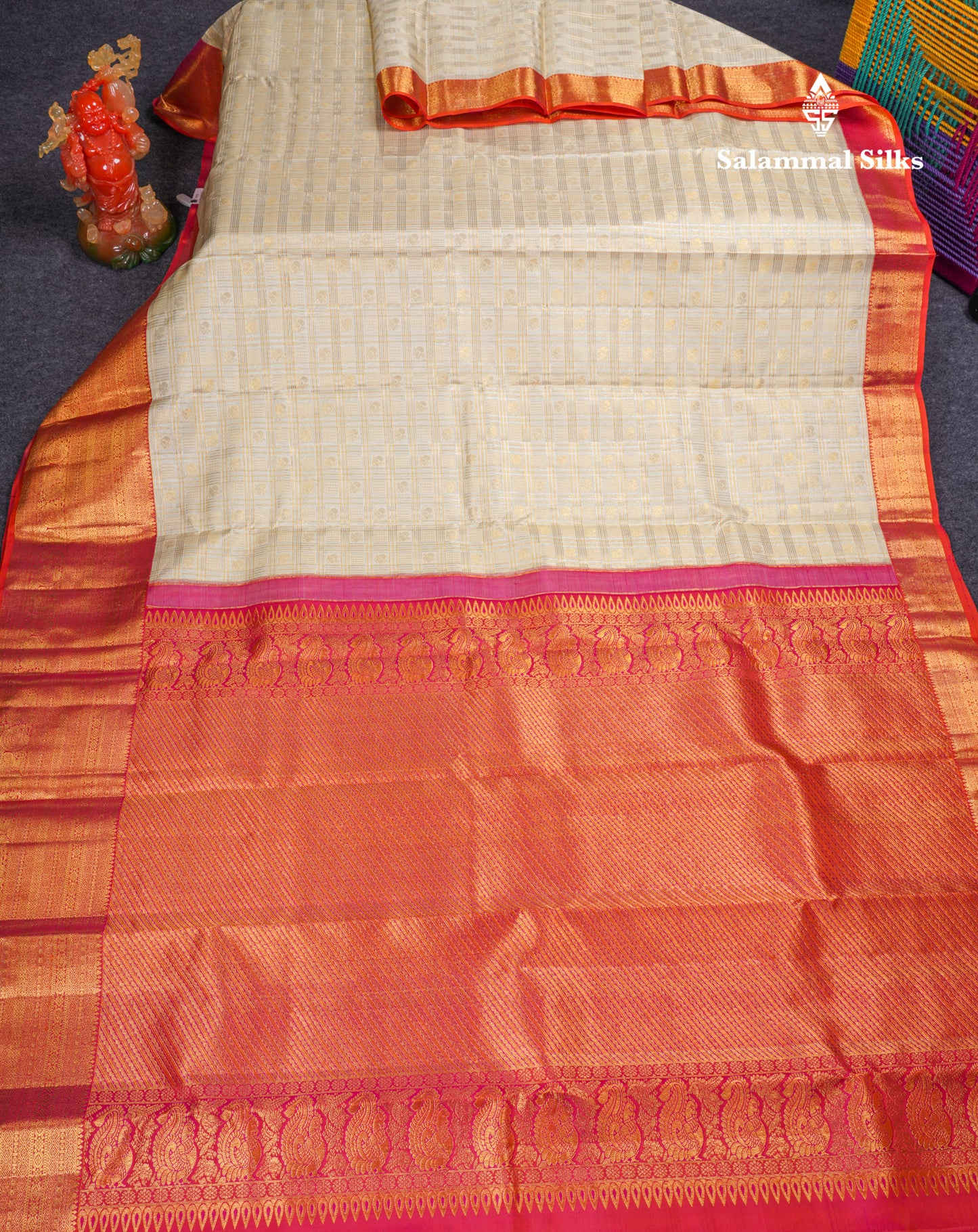 Beautiful Cream White 2G Pure Kanjivaram Silk Saree With Contrast Pinkish Orange Traditional Evening Morning Border