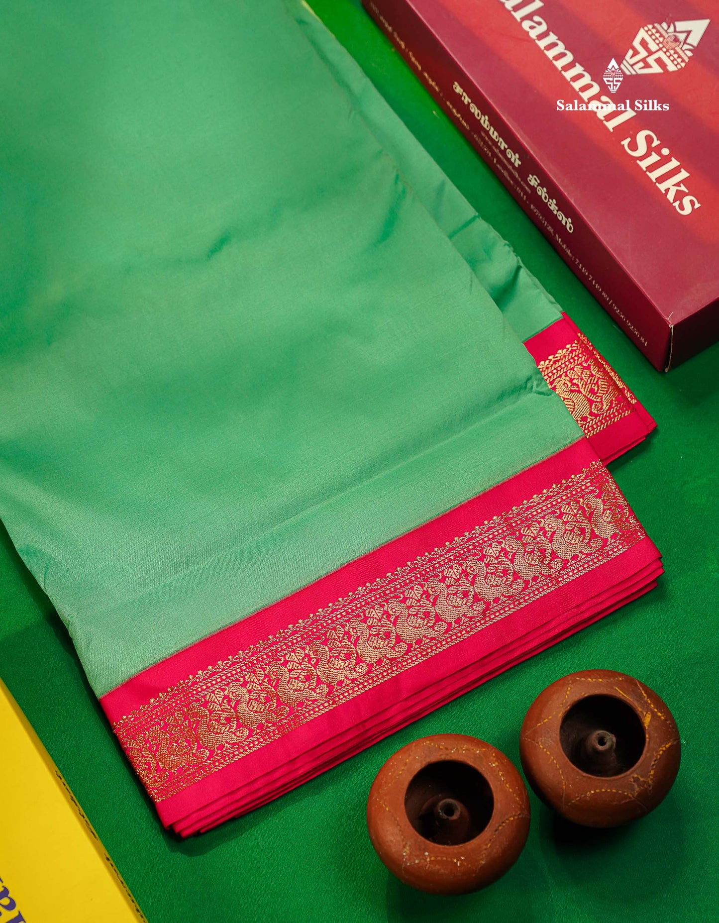11 Yards Semi Silk Saree Green with Contrast Pink Border