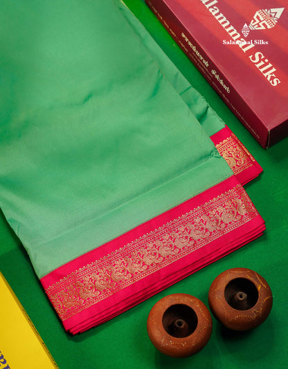 11 Yards Semi Silk Saree Green with Contrast Pink Border