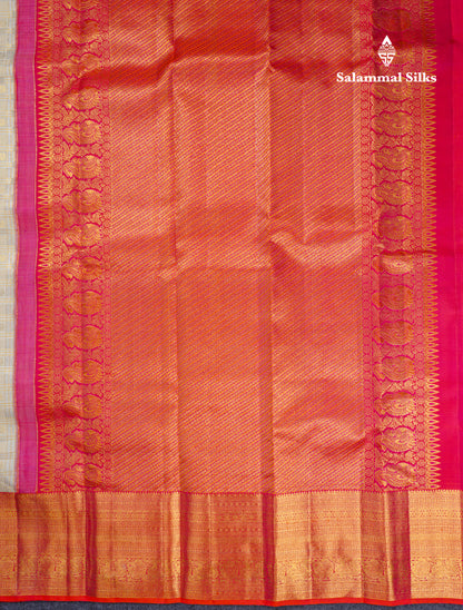 Beautiful Cream White 2G Pure Kanjivaram Silk Saree With Contrast Pinkish Orange Traditional Evening Morning Border