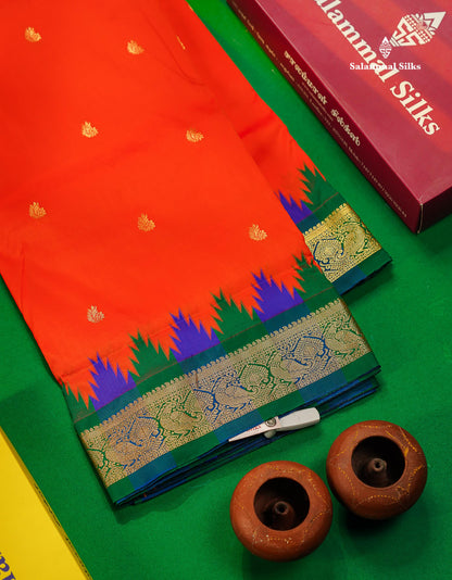 9 Yards Semi Silk Saree Orange With Contrast Green Traditional Temple Border