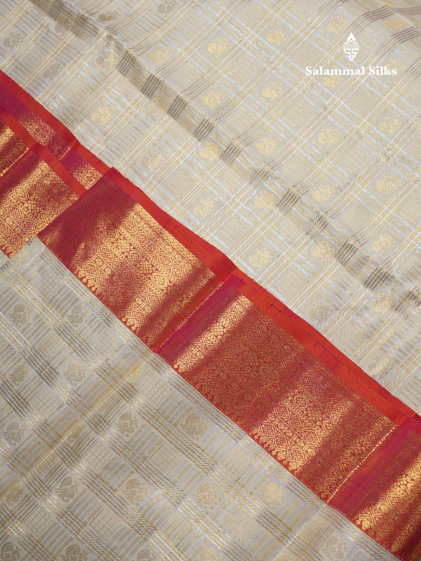 Beautiful Cream White 2G Pure Kanjivaram Silk Saree With Contrast Pinkish Orange Traditional Evening Morning Border
