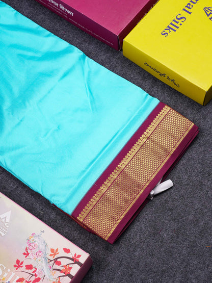 Beautiful Sky Blue 9 Yards Pure Kanjivaram Silk Saree With (3.5inch) Dark Magenta Border