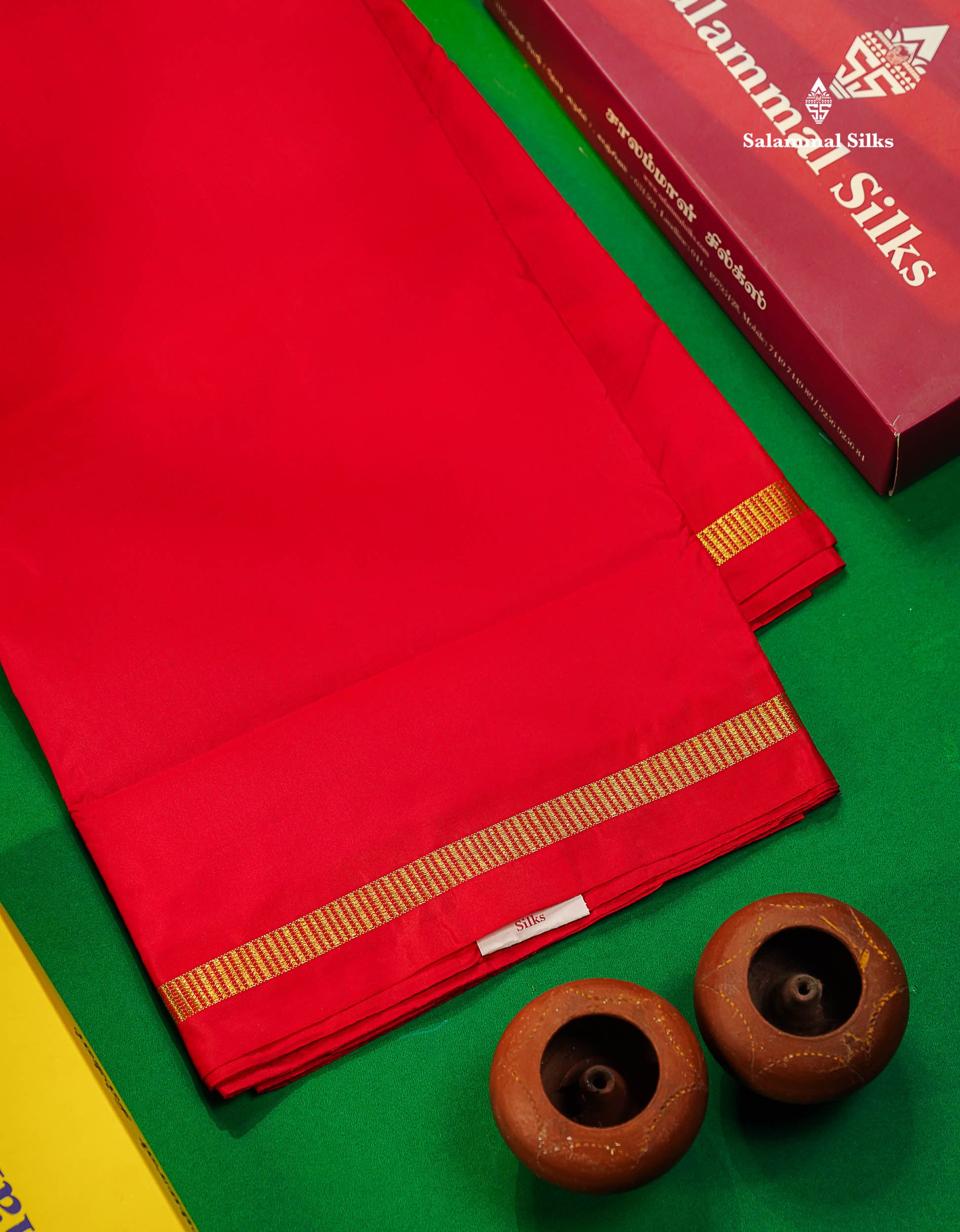 Semi Silk Saree - Dual Tone Red Colour Body Plain With Small Border | 10.5 Yards 