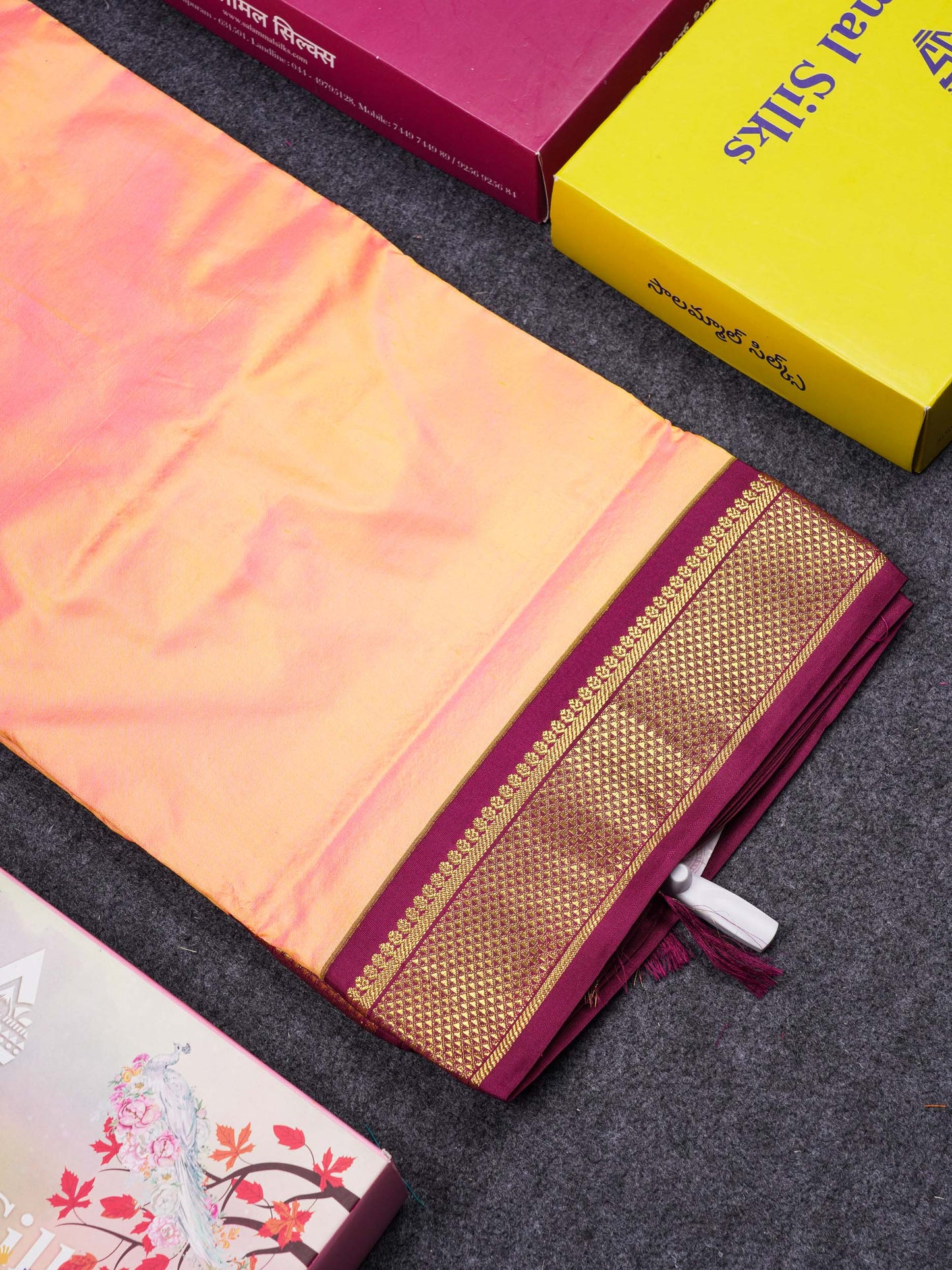 Beautiful Dual Tone Peach 9 Yards Pure Kanjivaram Silk Saree With (3.6inch) Magenta Border