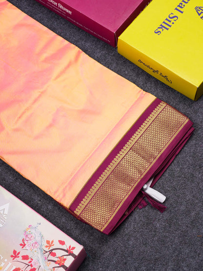 Beautiful Dual Tone Peach 9 Yards Pure Kanjivaram Silk Saree With (3.6inch) Magenta Border