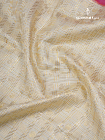 Beautiful Cream White 2G Pure Kanjivaram Silk Saree With Contrast Pinkish Orange Traditional Evening Morning Border