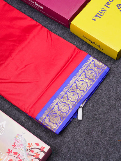 Beautiful Redish Maroon 9Yards Pure Kanjivaram Silk Saree With 5inch Royal Blue Border