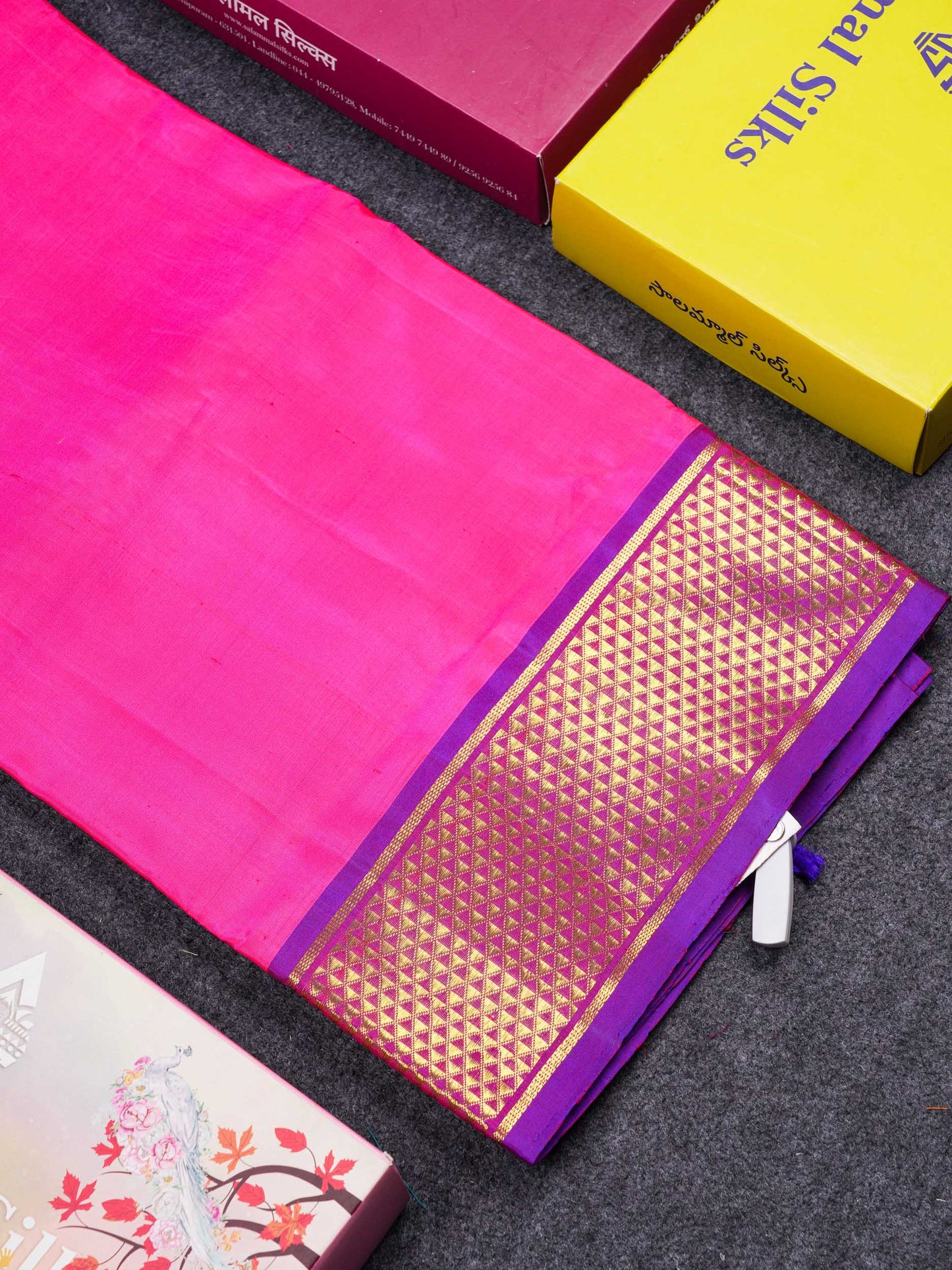 Beautiful Pink 10 Yards Pure Silk Saree With (5.3 inch) Contrast Puple Traditional Border