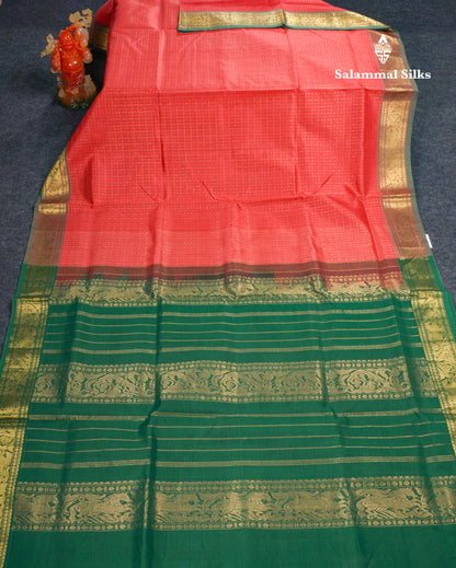 Tomato Red Lakshadeepam Pure Silk Cotton Saree With Contrast Bottle Green Blouse