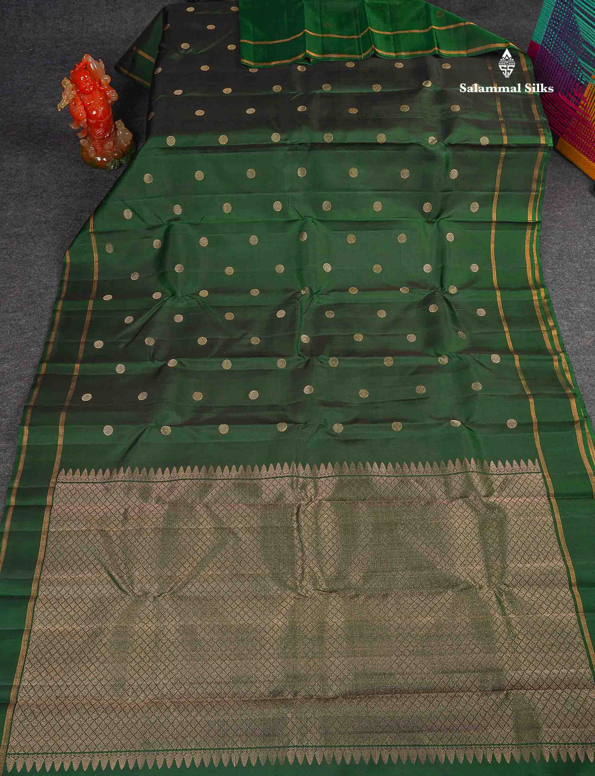 Pure Kanjivaram Silk Saree - Dual Tone Bottle Green Colour Body With Zari Butta & Gap Border 