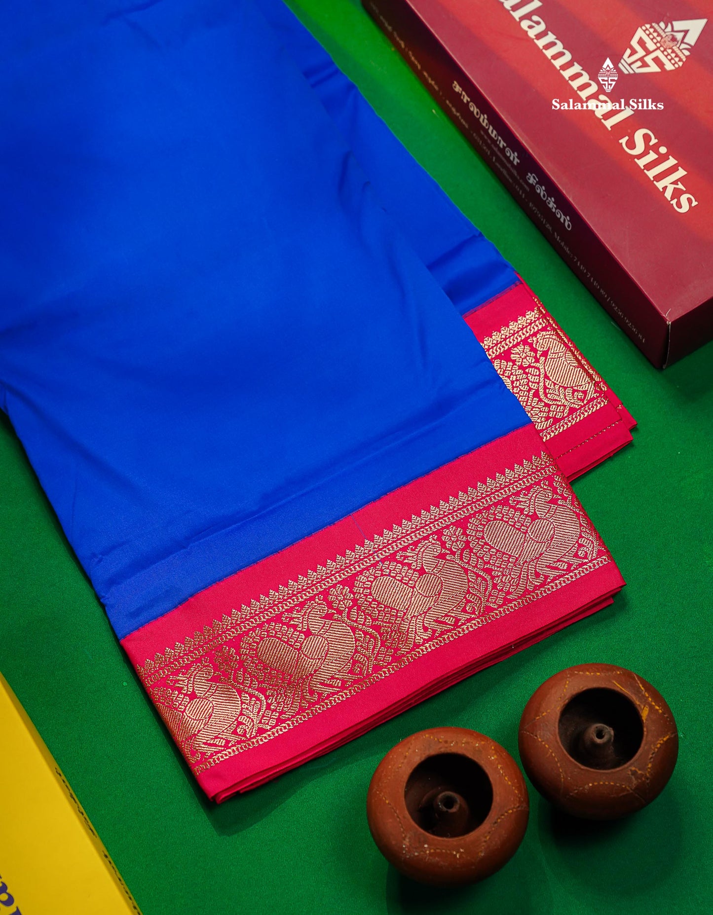 9.5 Yards Semi Silk Saree Peacock Blue with Contrast Pink Traditional Border