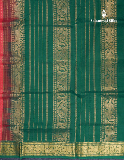 Tomato Red Lakshadeepam Pure Silk Cotton Saree With Contrast Bottle Green Blouse