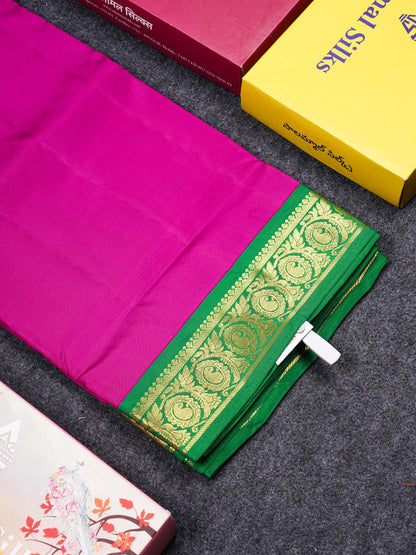 Beautiful Dark Purple 9 Yards Pure Silk Saree With (3.7inch) Contrast Green Border