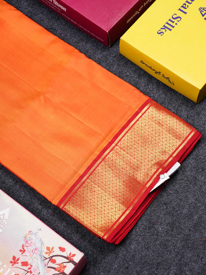 Beautiful Mango Yellow 10 Yards Pure Silk Saree With (5inch) Contrast Maroon Traditional Border