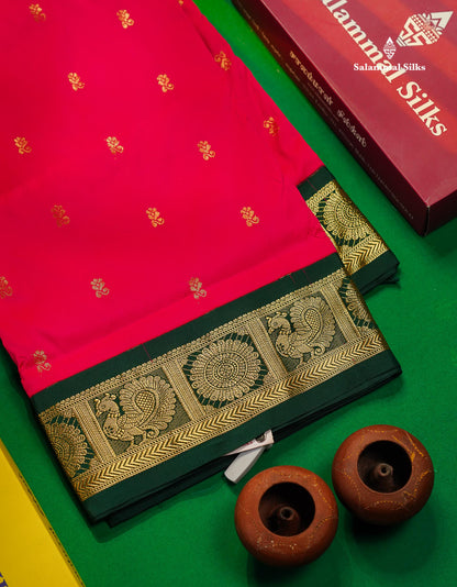 Semi Silk Saree - Pink Colour Body Zari Butta With Contrast Bottle Green Traditional Border | 10.5 Yards