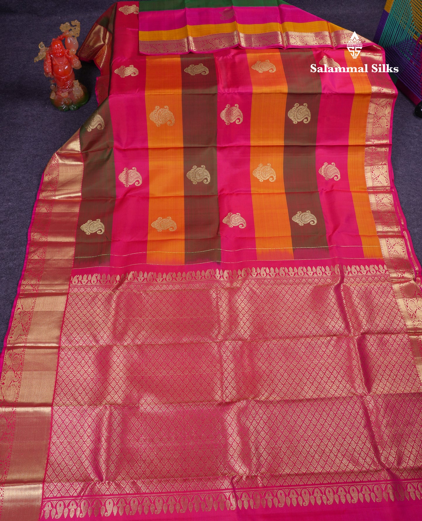 Beautiful Paalum Pazham Lines With Butta Pure Kanjivaram Silk Saree With Contrast Pink Traditional Evening Morning Border