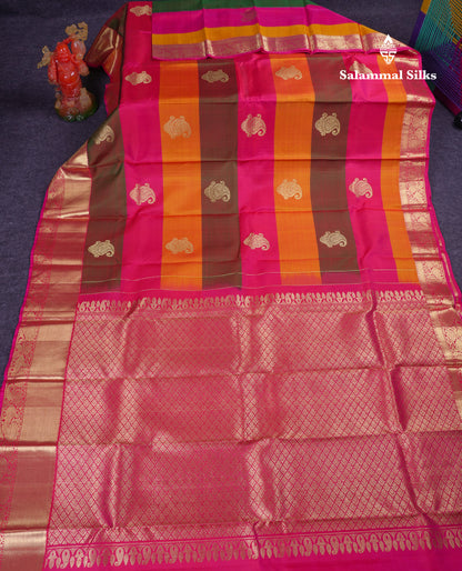 Beautiful Paalum Pazham Lines With Butta Pure Kanjivaram Silk Saree With Contrast Pink Traditional Evening Morning Border