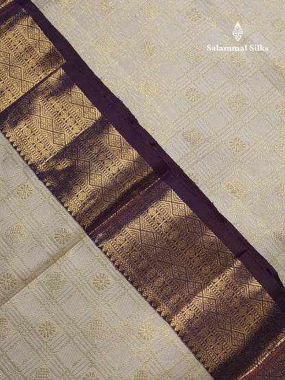 Beautiful Cream White 2G Pure Kanjivaram Silk Saree With Contrast Dark Violet Traditional Evening Morning Border