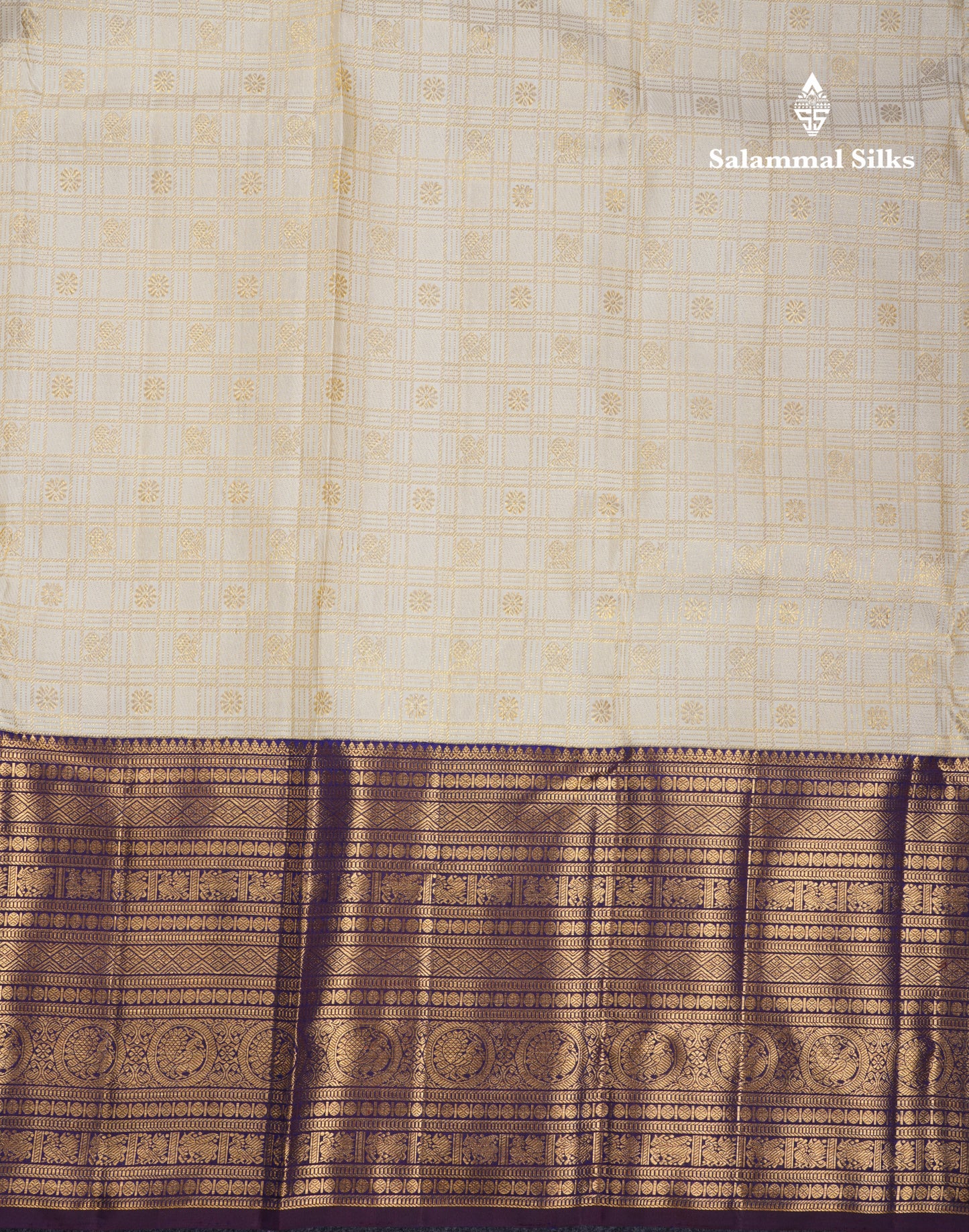 Beautiful Cream White 2G Pure Kanjivaram Silk Saree With Contrast Dark Violet Traditional Evening Morning Border