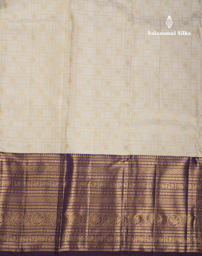 Beautiful Cream White 2G Pure Kanjivaram Silk Saree With Contrast Dark Violet Traditional Evening Morning Border