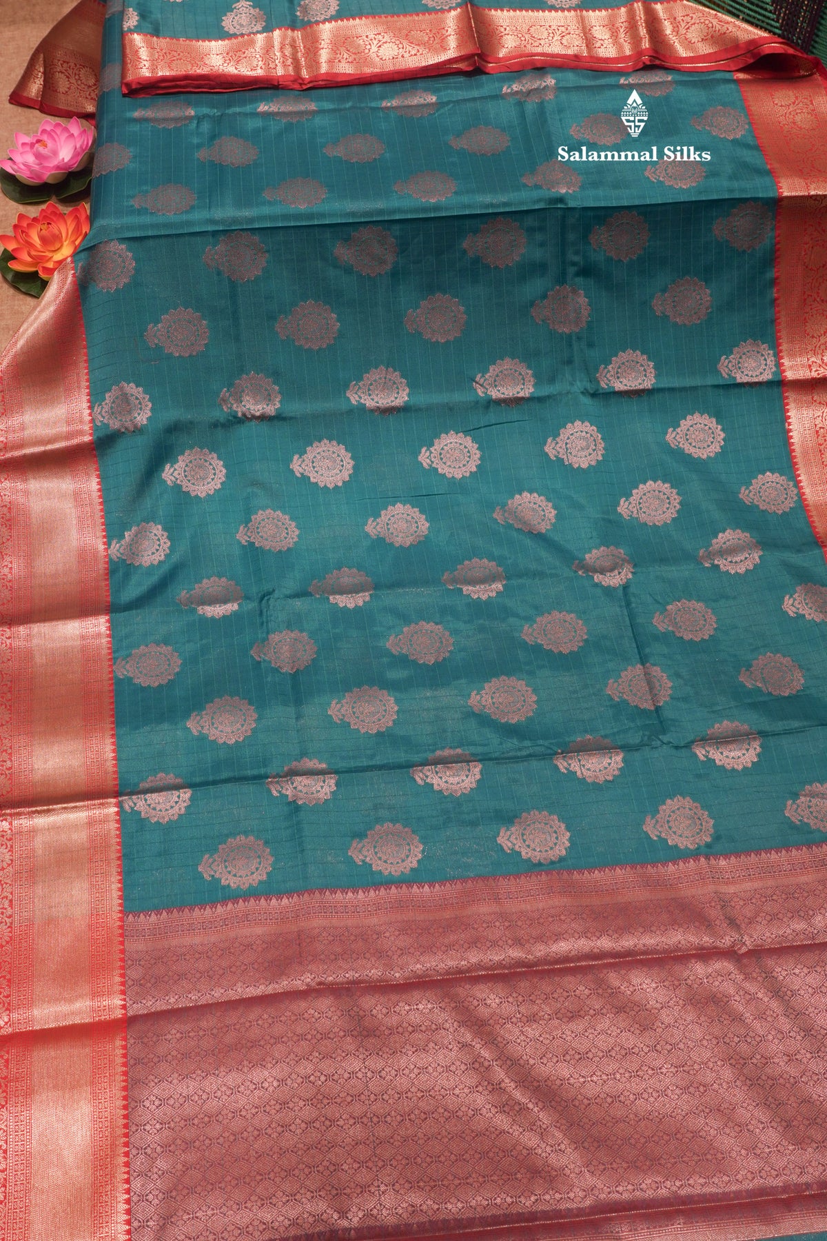 Peacock Green Colour Fancy Semi Silk Saree With Contrast Red Border