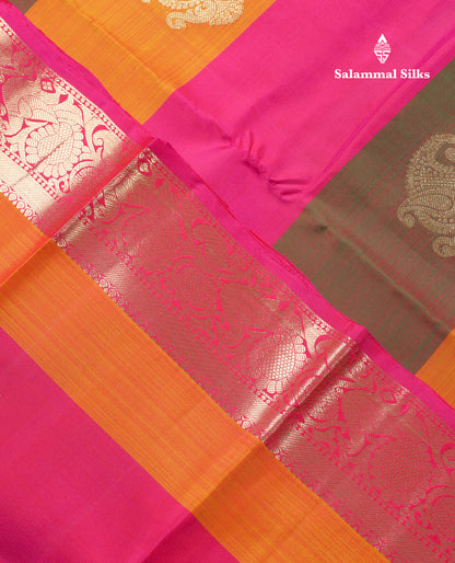 Beautiful Paalum Pazham Lines With Butta Pure Kanjivaram Silk Saree With Contrast Pink Traditional Evening Morning Border