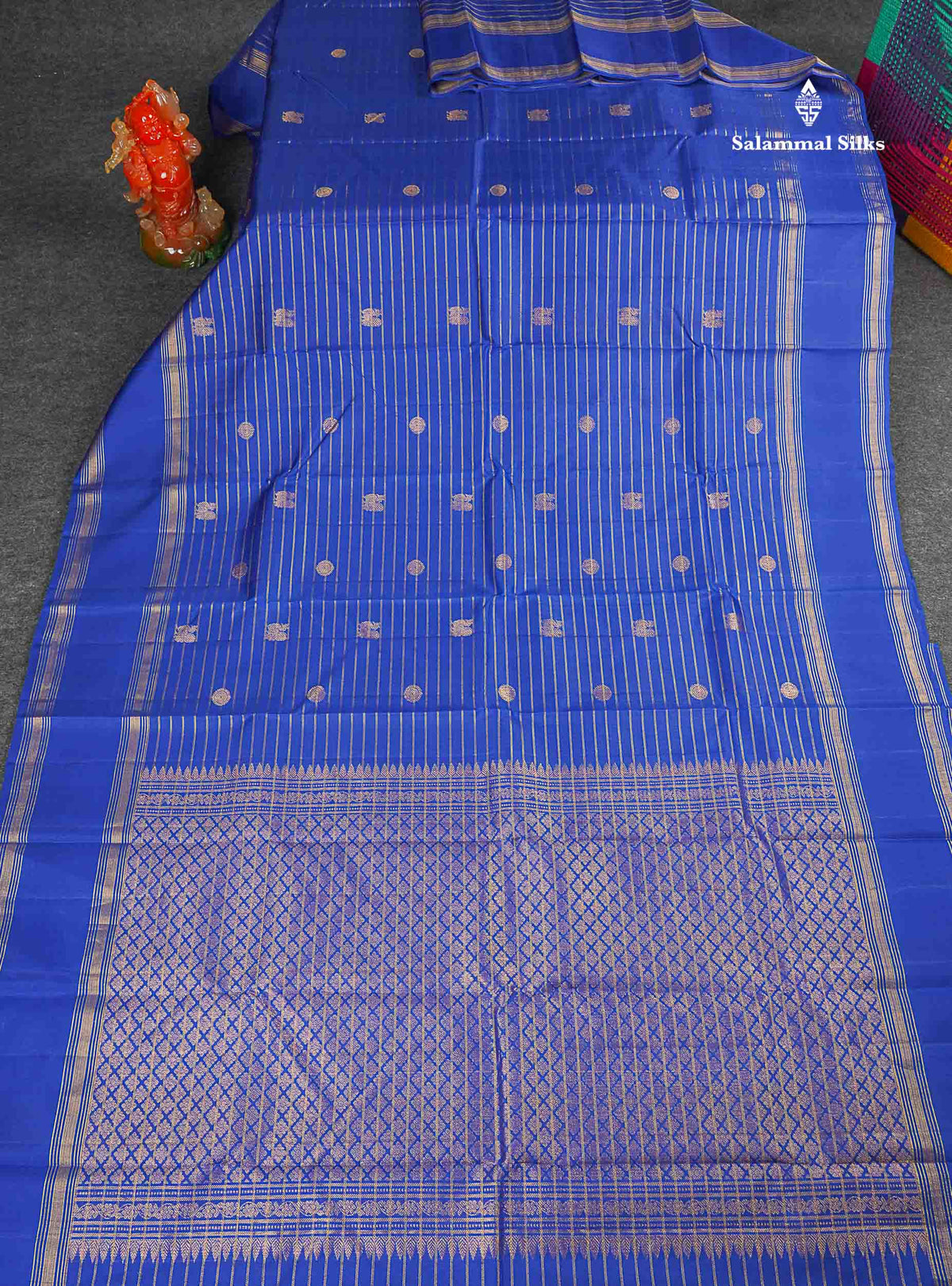 Pure Kanjivaram Silk Saree - Royal Blue Colour Body Horizontal Zari Lines With Traditional Butta & Gap Border
