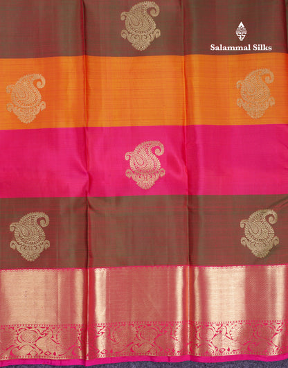 Beautiful Paalum Pazham Lines With Butta Pure Kanjivaram Silk Saree With Contrast Pink Traditional Evening Morning Border
