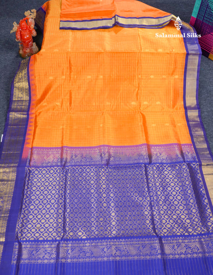 Mustard Yellow Small Zari Checks With Butta Pure Silk Cotton Saree With Contrast Violet Traditional Border